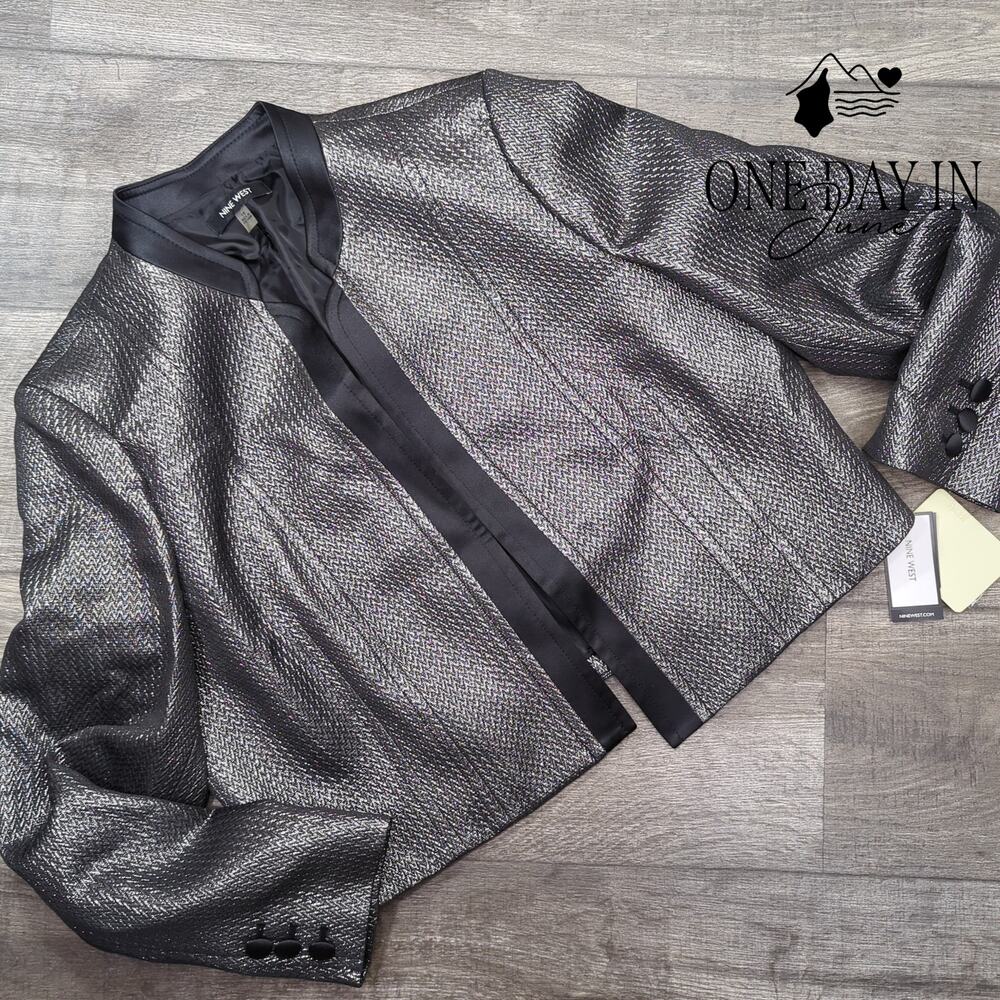 Nine West Metallic Silver Open Front Blazer Black Platinum NWT $129 Size 16